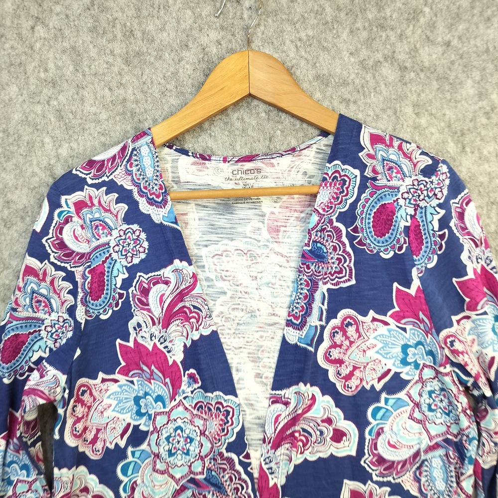 Chico's Ultimate Tee Cardigan Womens Size 1‎ / M Paisley Floral Boho Open Front - Picture 2 of 11